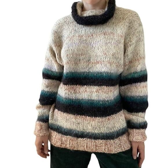 Hand Knit Womens Oversized Mohair Striped Fluffy Fuzzy Cowl Neck Sweater Sz L - Picture 3 of 8